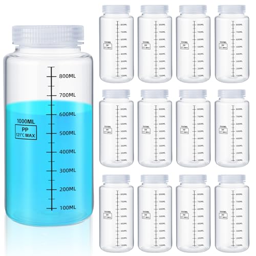 Tatuo 12 Pcs 32oz 1000ml Plastic Sample Bottles with Screw Cap, Liquid Containers with Lid for Lab Reagent Sample Medicine Pill Water Storage, Travel Bottles(Clear,Wide Mouth-Dark Scale) - color: Clear, size: 32 oz 1000 ml, style: Wide Mouth-dark Scale