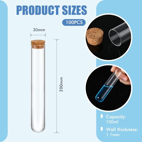 Thyle Glass Test Tubes Bulk with Cork Clear Stoppers, 30x200mm/100ml, 100pcs - size: 30x200mm/100ml