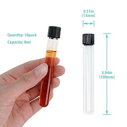 13x100mm Glass Test Tubes with Black Screw Caps, 8ml Boro Glass Test Tubes for Scientific Experiments, Candy Storage, Party and Home Decorations, Plant Propagation and Holiday Gifts, HUAOU, Pack of 10 - size: 13x100