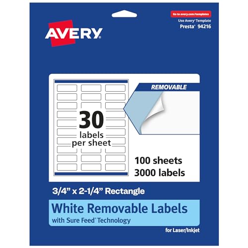 Avery Matte White Removable Rectangle Labels, Sure Feed Technology, Print-to-The-Edge, 0.75" x 2.25", 3,000 Removable Labels, Laser/Inkjet Printable - style: 3,000 labels