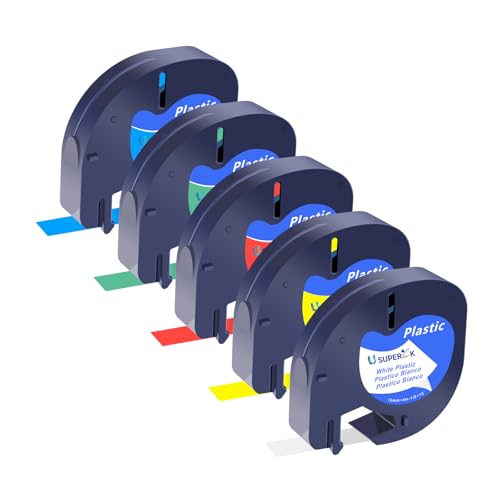 USUPERINK 5 Pack Plastic Letra Tag Label Tape Black on White/Yellow/Red/Green/Blue Compatible for Dymo Label Maker Refills 12mm x 4m for Dymo Letra tag Refills LT100H LT100T 200B QX50 - color: Black on Color