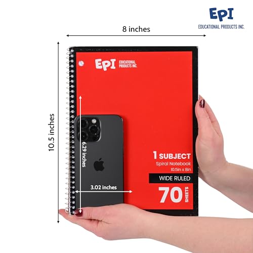 EPI Spiral Notebook | Wide - 70 Sheets, Durable Spiral Binding | 10.5 x 8 in | Classroom Supplies | School, Office, Note Taking, Journaling - 6 Pack - color: Red, size: 6