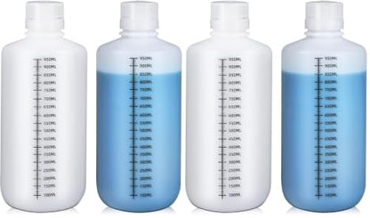 32oz/1000ml Narrow Mouth Plastic Bottles with Caps, HDPE Laboratory Grade Graduated Liquid Containers for Reagent Sample Medicine Water Storage (Translucent, 2 Pcs) (Pack of 2) - size: 32 Ounces (Pack of 2)