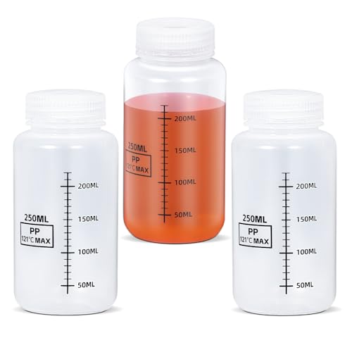 8oz Wide Mouth Plastic Bottles with Airtight Lids, Graduated Food Grade Leak Proof PP Containers Jars for Water Sample Lab Reagent Liquid Medicine Storage (Transparent, 3 Pack) - color: Transparent, size: 8oz(250ml)