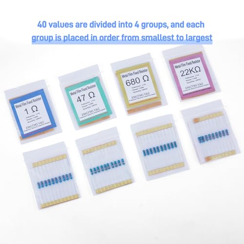 40 Values 400 Pcs 1/2W Resistor Kit, 1Ω-1MΩ ±1% Metal Film Resistors