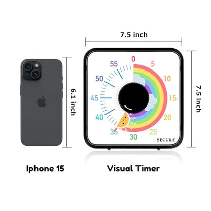 Secura 60-Minute Visual Timer, 7.5 Inch Magnetic Rainbow Countdown Timer for Classroom or Kitchen, Durable Mechanical Timer Clock with Magnetic Backing (Black & Sun) - color: Rainbow & Sun Black