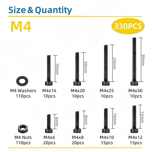 330 Pcs M4 Screws Assortment Kit, M4x6mm/8mm/10mm/12mm/16mm/20mm/25mm/30mm, Metric Hex Socket Head Cap Screws Nuts Washers Kit with Wrench, Black Zinc Plated - size: M4 330Pcs 6mm-30mm