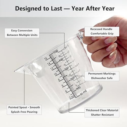Laser-Etched Measuring Cup Set, 16 oz & 1 Cup Clear Plastic Liquid Measuring Cups, Permanent oz/cup/Tbsp/mL Markings, Food-Grade for Baking & Cooking - size: 16 fl oz & 8 fl oz