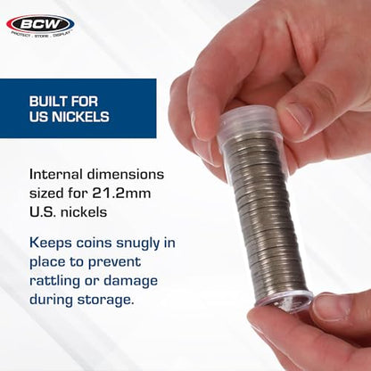 BCW Nickel Coin Tubes for US Nickels, Secure Screw-On Caps, Clear, 10 Pack - size: small