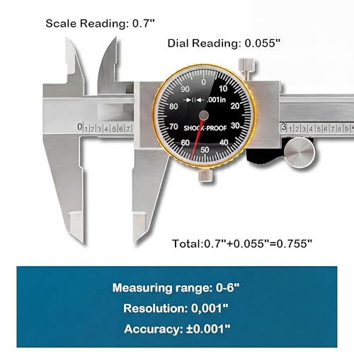 Dial Caliper 0-6" Precision 0.001" Accuracy with Protective Case