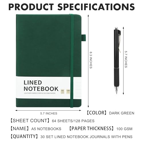 Aodaer 30 Set Lined Notebook Journals with Pens A5 Notebooks 100 GSM College Ruled Hardcover Notebook PU Leather Notepad with Pen Holder for Office School, 5.7 x 8.3 Inches, Dark Green - color: Dark Green