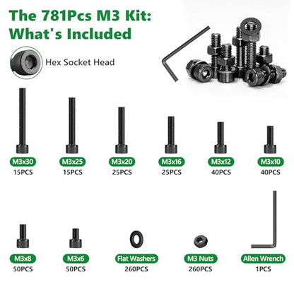 781PCS M3 Hex Socket Screw Assortment Kit,M3 X 6/8/10/12/16/20/25/30mm - size: M3 781pcs 3