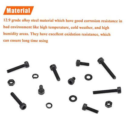 HELIFOUNER 560 Pieces M3 x 4mm /6mm /8mm /10mm /12mm /16mm /20mm, Hex Socket Head Cap Screws Bolts Washers Nuts Kit, 12.9 Grade Alloy Steel, Full Threaded, Black - size: M3, style: Socket Head