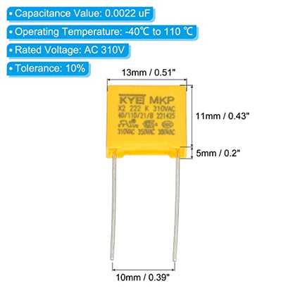 PATIKIL Safety Capacitors, 10 Pack 0.0022uF AC 310V 10mm Pin Pitch 13x11x5mm Polypropylene Film Capacitor Assortment Kit for DIY Electronic Products - style: 0.0022 uF