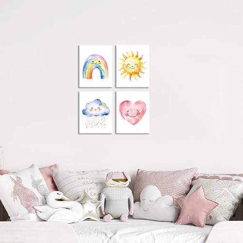Framed Girls Rainbow Canvas Wall Decor Watercolor Sun Cloud Heart Decor - color: 8x10inch (Framed)a