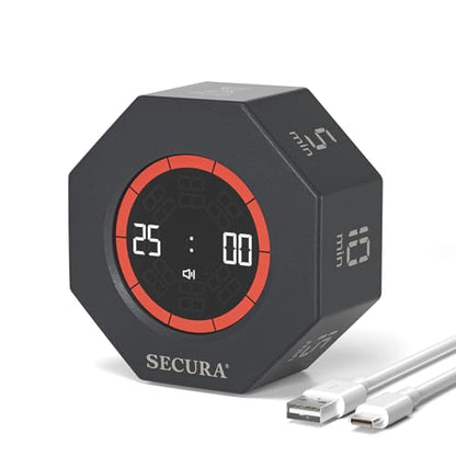 Secura Pomodoro Timer with 5/10/15/20/25/50/90 Min Presets, 3 Level Volume - color: Dark Gray