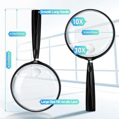 10X 30X Magnifying Glass for Reading, Handheld Magnifier for Reading, 90mm Magnifying Glass Scratch Resistant Lens, Soft Handle for Close Work Book Newspaper Nature Exploration (Black Handle) - color: Black Handle
