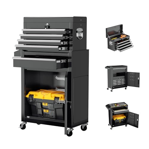 Oakcloud Heavy-Duty 5-Drawer Rolling Tool Chest & Cabinet Combo with Black Liner – Lockable Steel Garage Tool Box on Wheels – Detachable Top Toolbox & Bottom Storage Cart with Side Hooks, Black - color: Black, size: 5-drawer