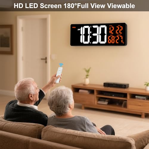 17.3" Large Digital Wall Clock Timer Alarm Clock with 8 Color Night Light - color: Orange&white