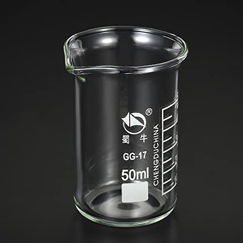 PATIKIL 50ml Tall Form Glass Beaker, 3.3 Borosilicate Glass Graduated Printed Scale Measuring Cups with Spout for Kitchen Lab Liquids Transit Boiling - size: 50ml