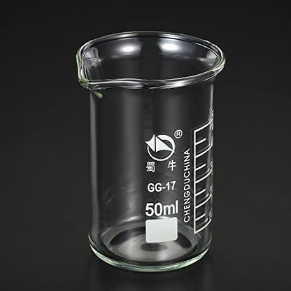 PATIKIL 50ml Tall Form Glass Beaker, 3.3 Borosilicate Glass Graduated Printed Scale Measuring Cups with Spout for Kitchen Lab Liquids Transit Boiling - size: 50ml