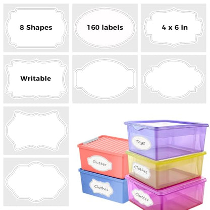 8 Shapes Labels for Storage Bins, 160 Removable Label White with Black Edge - color: White With Black Edges