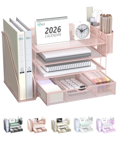 WALI Desk File Organizer, 4 Tier Desktop Paper Letter Tray Organizer with Drawer and 2 Pen Holders, Office Desk Accessories & Workspace Organizers for Office, Home Supplies(DO005DH-P), 1 Pack, Pink - color: Pink, size: 4-Tier