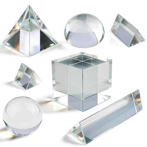 7 Pack K9 Optical Crystal Photography Prism Set, Include 1-4in Triangular Prism, 2in Crystal Glass Prism Cube, 2in Crystal Ball, 2in Dome Magnifier, Light Prism for Physics Teaching Photography Play