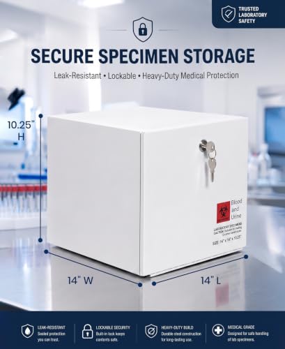 Medical Specimen Box with Lock, Large 14 x 14 x 10.25in, Durable Collection Box, Secure Handling & Storage, White Heavy-Duty Metal Drop Box for Medical Lab, Office - size: Large
