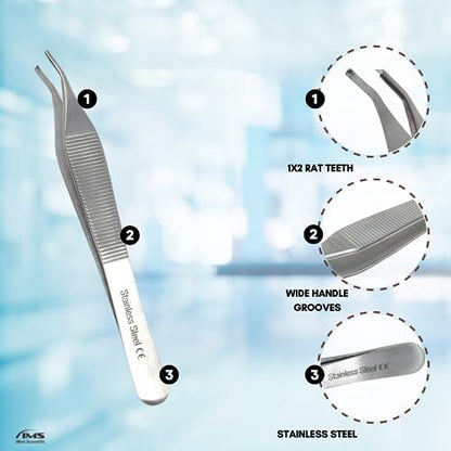 ADSON Forceps Tissue 1X2 Teeth ADSON Brown Forceps ADSON Dressing Forceps 4.75" with Wide Handle Ridged Grip, Stainless Steel (Adson 1x2 Rat Teeth - CRV) - color: Adson 1x2 Rat Teeth - Crv