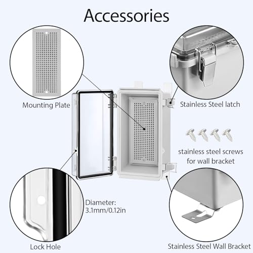 LeMotech Electrical Box, IP67 Waterproof Hinged Clear Cover Stainless Steel Latch Junction Box, ABS Plastic Electrical Enclosure with Mounting Plate,Wall Brackets, Cable Glands,8.2"x4.2"x2.9",Grey - color: Clear Cover, size: 8.2"x4.2"x2.9"