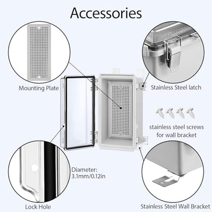 LeMotech Electrical Box, IP67 Waterproof Hinged Clear Cover Stainless Steel Latch Junction Box, ABS Plastic Electrical Enclosure with Mounting Plate,Wall Brackets, Cable Glands,8.2"x4.2"x2.9",Grey - color: Clear Cover, size: 8.2"x4.2"x2.9"