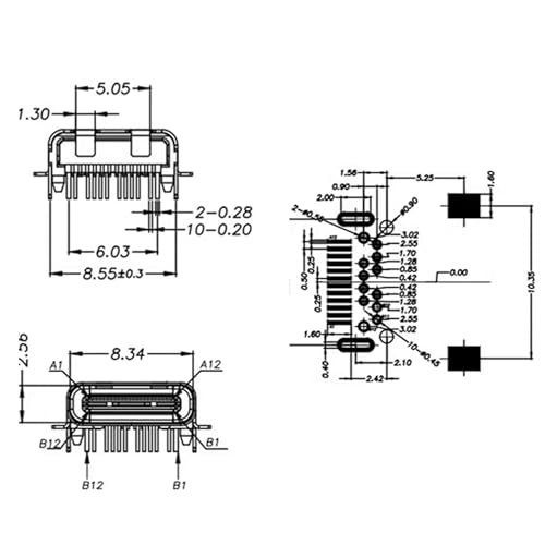 2Pcs USB 3.1 Type-C 24Pin Test PCB Adapter - size: Long Socket with Dual Row Bent pin Header