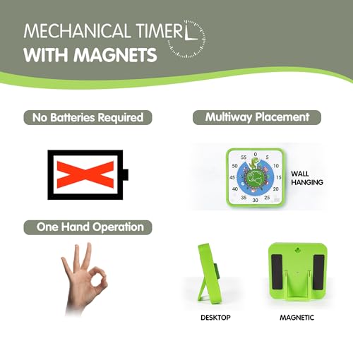 TWENTY5 SEVEN 7.5-Inch Visual Timer, Battery-Free 60-Minute Countdown Clock - color: Green Dino