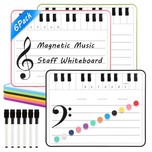 6 Pack Magnetic Music Staff Whiteboard 9'' x 12'' Mini Dry Erase Board for Piano Students Musicians Small White Board Music Classroom Supplies Keyboard Practice (Include 12 Magnets & 6 Markers)