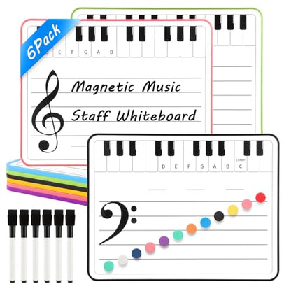 6 Pack Magnetic Music Staff Whiteboard 9'' x 12'' Mini Dry Erase Board for Piano Students Musicians Small White Board Music Classroom Supplies Keyboard Practice (Include 12 Magnets & 6 Markers)