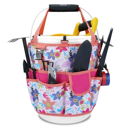 KUNN 5 Gallon Bucket Organizer 18-Pocket Bucket Tool Bag with Hangable Handle, Heavy-Duty Garden Tool Organizer Bag for Gardening Tools, Fits 3.5-5 Gal Buckets, Includes Comfort Grip Pad, Red - color: White Blossom