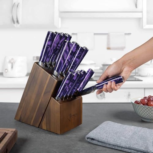 SENKEN 16-Piece Knife Block Set - Japanese High Carbon Stainless Steel with Damascus Pattern, Purple Resin Handles, 6 Steak Knives & Acacia Hardwood Block (Purple) - color: Purple