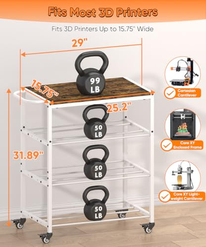 3-Tier 3D Printer Filament Storage Rack with Stand & Wheels, White - color: white, size: 3-tier