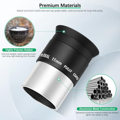 Alstar Eyepiece 15mm 1.25 Inch Plossl Eyepiece Telescope Lense 50° Wide FOV - size: 15MM