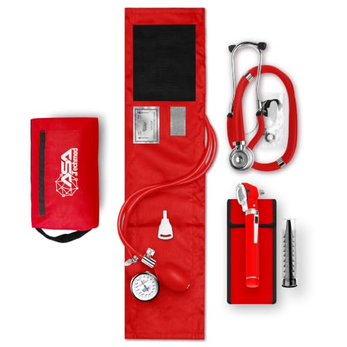 ASA TECHMED Nurse Essentials Professional Kit with Handheld Travel Case | 3 Part Kit Includes Adult Aneroid Sphygmomanometer Blood Pressure Monitor, Stethoscope, Diagnostic Otoscope (Red) - color: Red