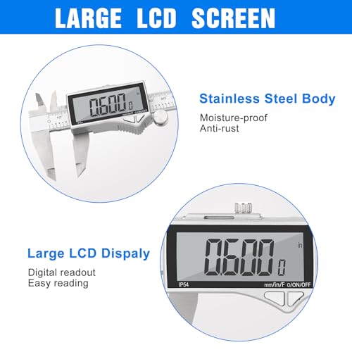 Adoric Digital Caliper, Caliper Measuring Tool Stainless Steel Vernier Caliper Digital Micrometer with Large LCD Screen, Easy Switch from Inch Metric Fraction, 0-6" Caliper Tool for DIY/Household - color: SS-Large LCD, size: 6"