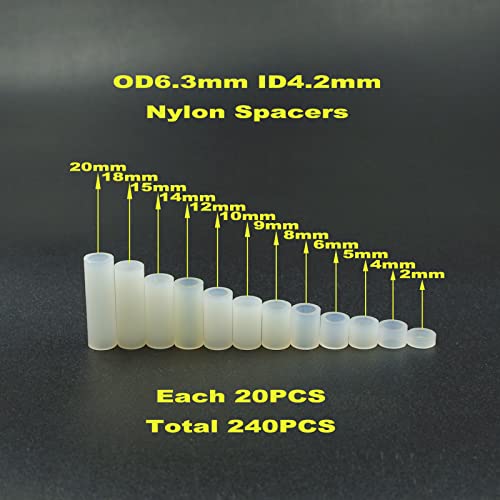 240PCS OD 6.3mm ID 4.2mm Nylon Round Unthreaded Spacers Standoffs Assortment Kit, Wall Plate spacers for m4 Screws,Clearance Spacers(White) - size: OD 6.3mm ID4.2mm