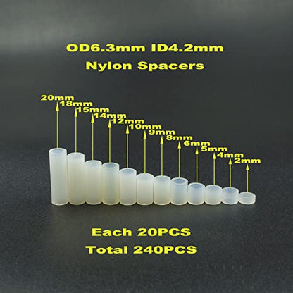 240PCS OD 6.3mm ID 4.2mm Nylon Round Unthreaded Spacers Standoffs Assortment Kit, Wall Plate spacers for m4 Screws,Clearance Spacers(White) - size: OD 6.3mm ID4.2mm
