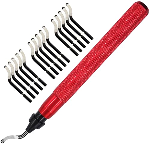 Premium Deburring Tool with 15 Pcs High Speed Steel Swivel Blades, Deburring Tool for Metal, Resin, PVC Pipes, Plastic, Aluminum, Copper, Wood, 3D Printing Burr Removal Reamer Tool Red