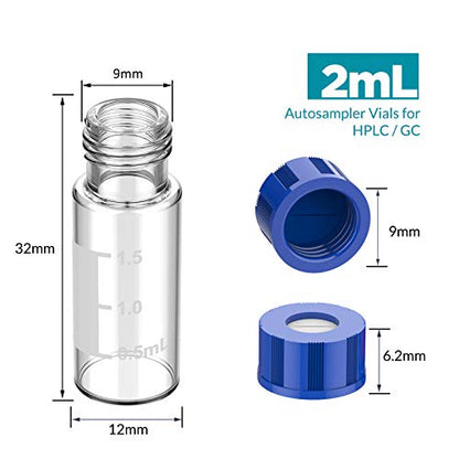 Membrane Solutions 2mL Autosampler Vials, 9-425 GC/HPLC Vials, 100 Pcs - size: Clear Vial & Pre-slit Blue PTFE septa