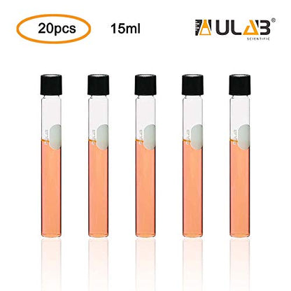 ULAB Test Tubes with Black Screw Caps, Vol.15ml, Dia.16x150mm with Marking Area, Test Tubes Shot Glasses, Borosilicate Glass Material, Pack of 20, UTT1013 - style: Vol.15ml with Bakelite Screw Caps, 20pcs