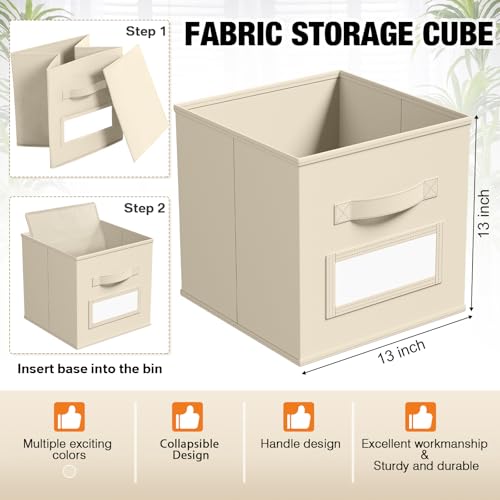 10 Pack Fabric Storage Cubes with Label 11" Collapsible Cube Bins, Beige - color: Beige, size: 13 Inch