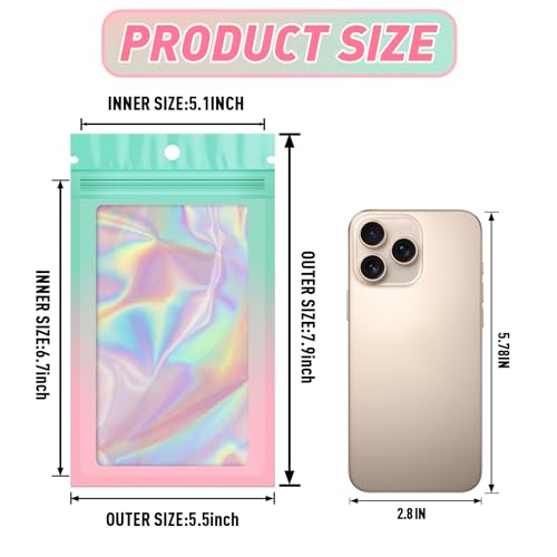 Funfery 100 Pack Gradient Holographic Bags,Mylar Resealable Bags with Zipper,Clear Window Packaging Pouchs,Smell Proof Bag for Food Storage,Sample Jewelry Bag(5.5x7.9In,Green Pink) - color: Green Pink, size: 5.5x7.9 Inch