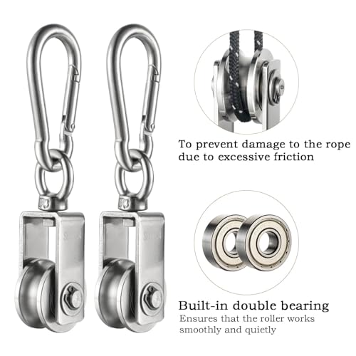 Cable Pulley Wheel for Rope with Carabiner,Ball Bearings, Smooth No Noise, 360° Swivel Small Wire Pulley for Pulley System Lifting, DIY Home Gym, Winch, 1 Pack